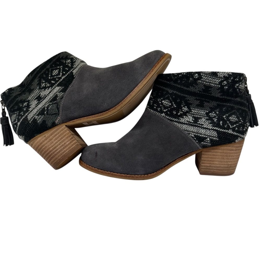 TOMS Leila Forged Iron Grey Suede Tribal Wool Ankle Booties Heel Size 7.5